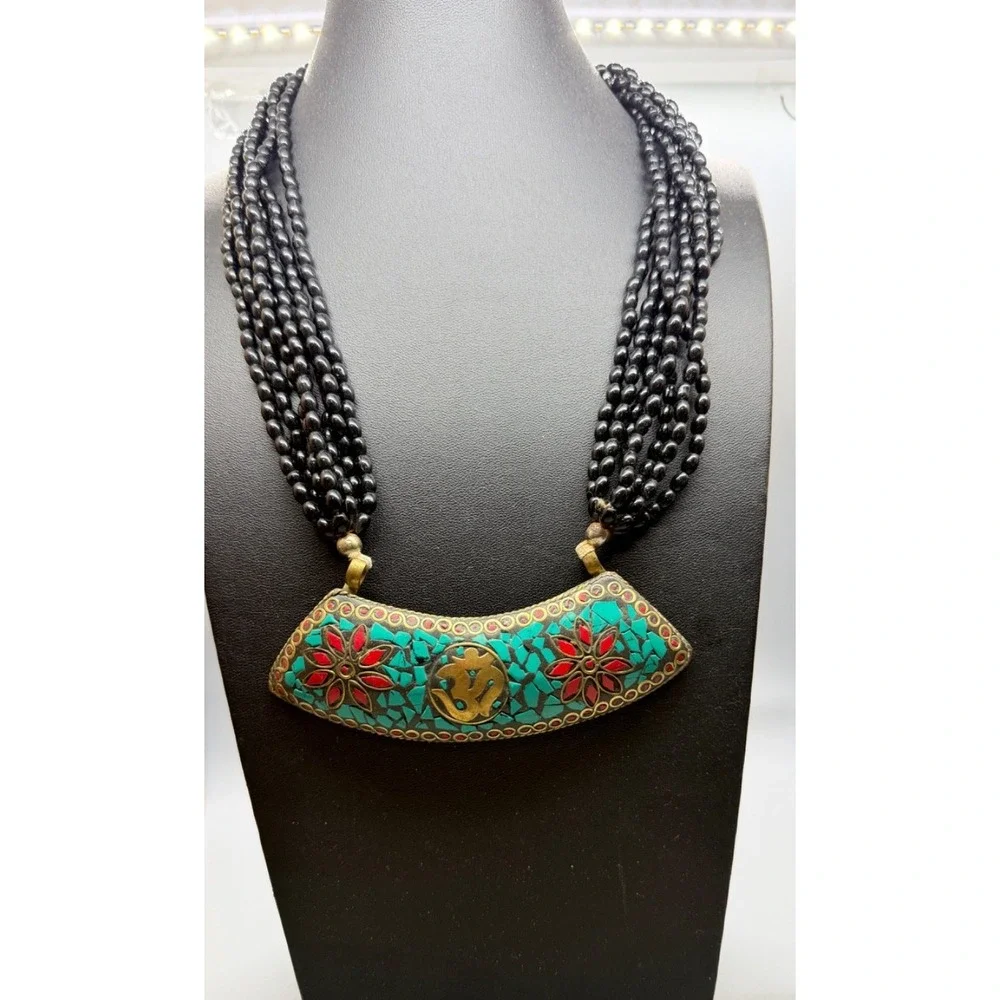 Tibetan Crushed Blue Red Stones  Statement‎ Pendant Necklace Glass Beaded Multi